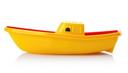 Children bath tub plastic toy boat.  Yellow color. Isolated on white background with copy space.  Play item for bath time for children boy or girl in bubble bath.