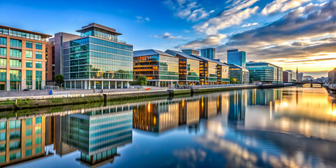 Naklejka premium Modern offices and buildings alongside the Liffey river in Dublin , Dublin, architecture, modern, cityscape