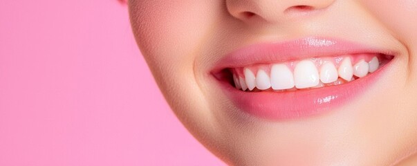 Obraz premium Close-up of a young woman with a beautiful smile, emphasizing her clear complexion