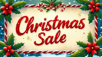 A festive banner showcases a Christmas sale, featuring bold, handwritten red font on a snowy background adorned with holly and candy canes, creating a cheerful holiday spirit