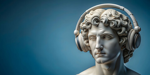 Greek statue with headphones on his head, Greek, statue, sculpture, headphones, music, ancient, classic, art, marble