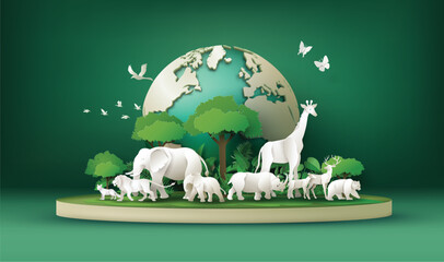 Earth and Animal Family on Green Stage for World Animal Day