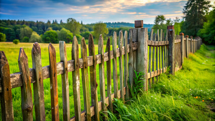 Obraz premium Old chipped wood fence in the countryside , weathered, worn, rustic, vintage, background, texture, wooden, aged, rural