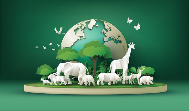 Earth and Animal Family on Green Stage for World Animal Day - Powered by Adobe