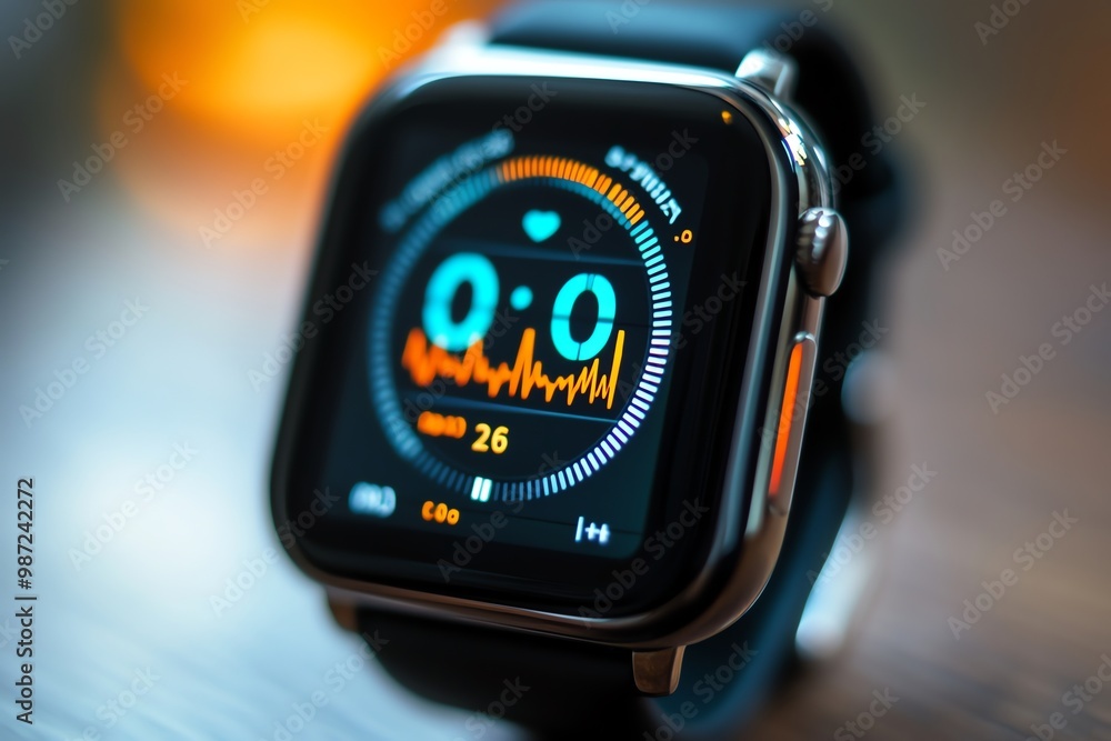 Poster close-up of a smartwatch displaying a heart rate monitor with an orange line and a number 26.