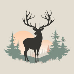 a black and white silhouette of a deer standing in the middle of a forest. vector silhouette