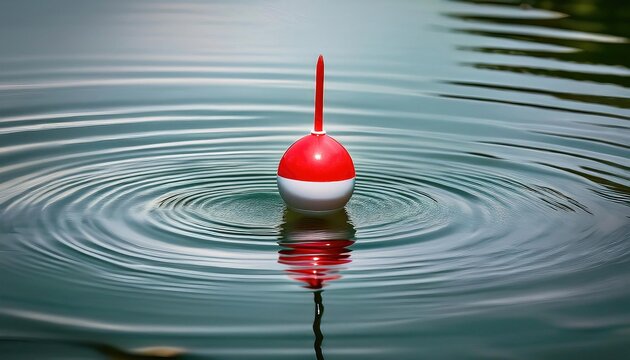 red and white round fishing bobber with water movement and ripples which means a fish is biting.  lightweight buoy used in angling, usually attached to a float fishing line. visual bite indicator