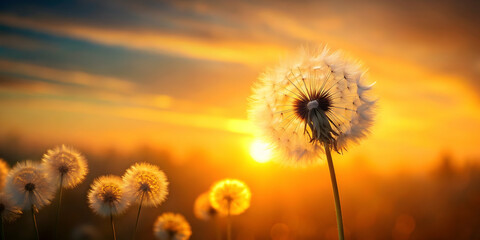 Dandelion blowing in the golden sunset , nature, flower, plant, silhouette, sunset, sky, evening, beautiful, tranquil, serene