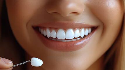 Obraz premium Concept teeth whitening or facings. Beautiful young woman teeth. Teeth whitening. Dental health concept. Teeth whitening procedure. Dental care. Dentistry concept. Perfect healthy teeth. Closeup 