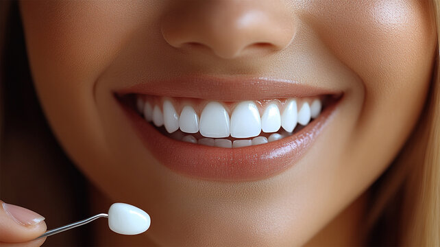 Concept teeth whitening or facings. Beautiful young woman teeth. Teeth whitening. Dental health concept. Teeth whitening procedure. Dental care. Dentistry concept. Perfect healthy teeth. Closeup 