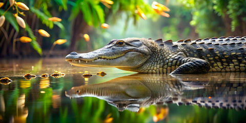 Fototapeta premium Wild crocodile resting in Everglades lake with fishes swimming around, crocodile, wild, Everglades, lake, blue water