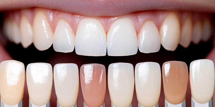 Concept teeth whitening or facings. Beautiful young woman teeth. Teeth whitening. Dental health concept. Teeth whitening procedure. Dental care. Dentistry concept. Perfect healthy teeth. Closeup 