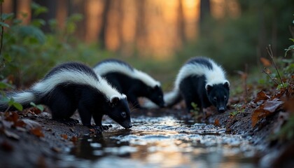 Obraz premium Group of Skunks Drinking Water at Sunset in Forest
