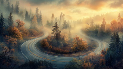 Winding Road Through Misty Forest at Sunrise