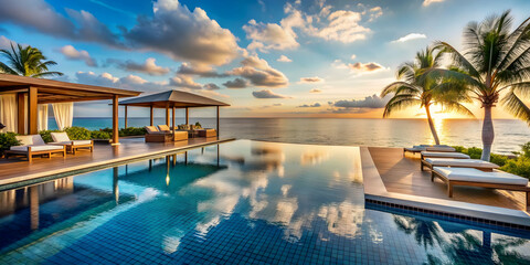 Luxurious resort with infinity pool and private cabanas overlooking the ocean, luxury, resort, infinity pool