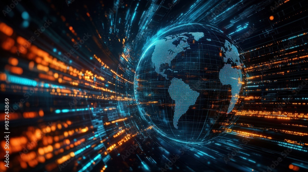 Poster a globe surrounded by glowing data streams, symbolizing the flow of information across the world thr
