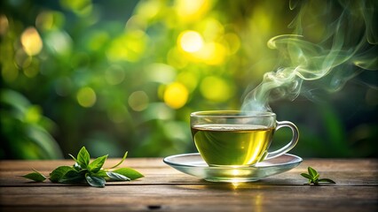 Steaming cup of green tea on a glass saucer with fresh leaves in a serene garden setting - copy space