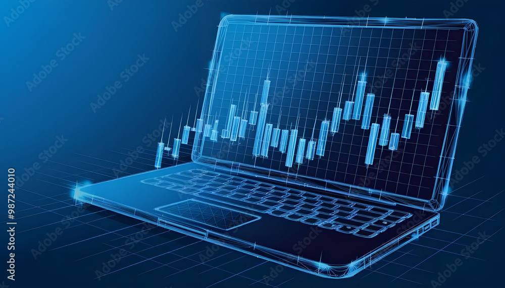 Poster trade investment concept. digital graph chart on laptop screen. stock market candlestick in polygona