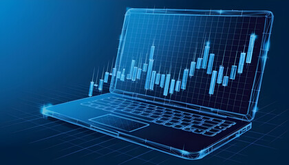 Trade investment concept. Digital graph chart on laptop screen. Stock market candlestick in polygonal wireframe style. Web banner with abstract 3D vector illustration on blue technological background.