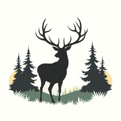 a black and white silhouette of a deer standing in the middle of a forest. vector silhouette