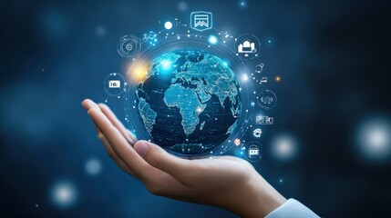 A hand holding a globe with various communication icons surrounding it, representing global digital interactions.