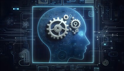 Creative head outline and cogs ai hologram on dark blue tech background with mock up place. Artificial intelligence and machine learning concept. 3D Rendering