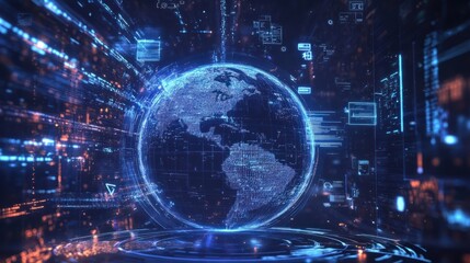 Fototapeta premium A holographic projection of the Earth with various communication icons around it, symbolizing global connectivity.