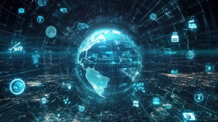 Fototapeta premium A holographic projection of the Earth with various communication icons around it, symbolizing global connectivity.