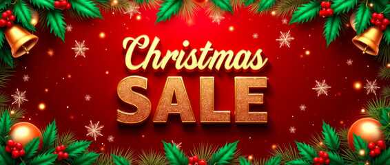 Fototapeta premium A festive banner showcases a Christmas sale with glittering red and green hues. Bold letters announce the sale, surrounded by holiday decorations and bright ornaments