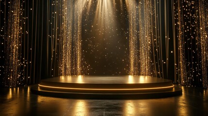 A black stage with gold lights and a podium in the center.