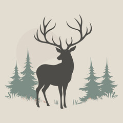 a black and white silhouette of a deer standing in the middle of a forest. vector silhouette