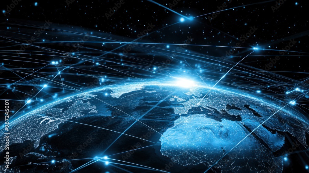 Poster abstract digital connections over a map of the earth, representing high-speed global data transmissi