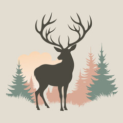 a black and white silhouette of a deer standing in the middle of a forest. vector silhouette