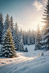 Snowfall in winter forestbeautiful landscape with snow covered fir trees and snowdriftsmerry christmas and happy new year greeting background with copyspacewinter fairytale christmas background 
