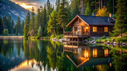 Cozy lakeside cabin retreat surrounded by serene nature landscape, cabin, retreat, lakeside, cozy, serene, nature