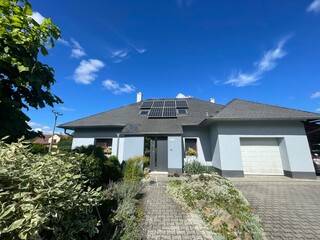 Blue family house with black roof made out of shingles and solar panels and with beautiful garden...