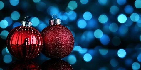 Fototapeta premium Two elegant red ornaments adorned with glitter and stripes rest beside each other, illuminated by vibrant blue holiday lights
