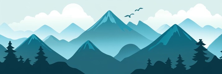 Fototapeta premium Layers of majestic mountains rise into the sky, with birds flying overhead and clouds drifting lazily
