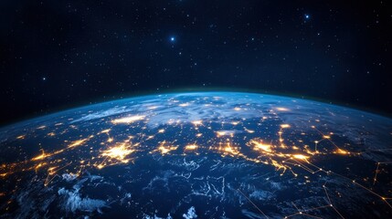 Obraz premium Abstract image of Earth with glowing lines connecting cities, symbolizing international communication and data flow.