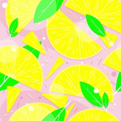 background patern juicy lemon with green leaves