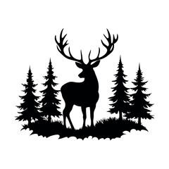 a black and white silhouette of a deer standing in the middle of a forest. vector silhouette