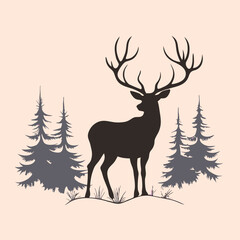a black and white silhouette of a deer standing in the middle of a forest. vector silhouette