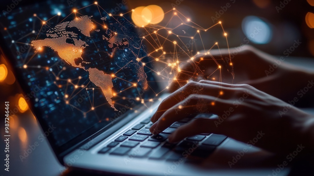 Poster close-up of a person typing on a laptop, with an overlay of a world map showing connected countries.