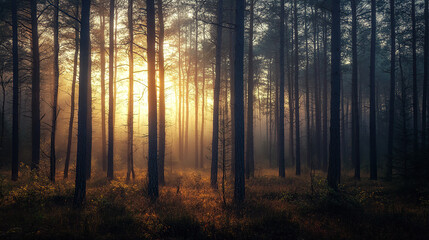 Sunrise in a Misty Forest