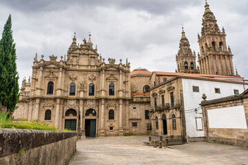 Cathedral of Santiago de Compostela on its rear facade and next to the church of Santa Maria, Galicia.