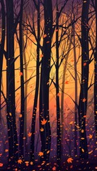Abstract Autumn Forest Silhouettes with Glowing Golden Leaves for Poster or Print Design