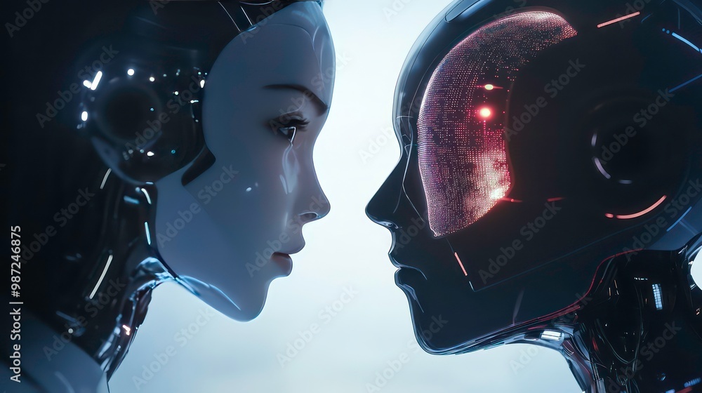 Poster two robots face each other with one having a glowing digital eye.