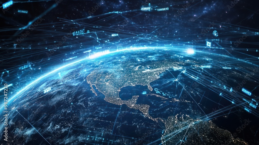 Poster earth with digital data lines circling it, symbolizing fast, interconnected global communication net