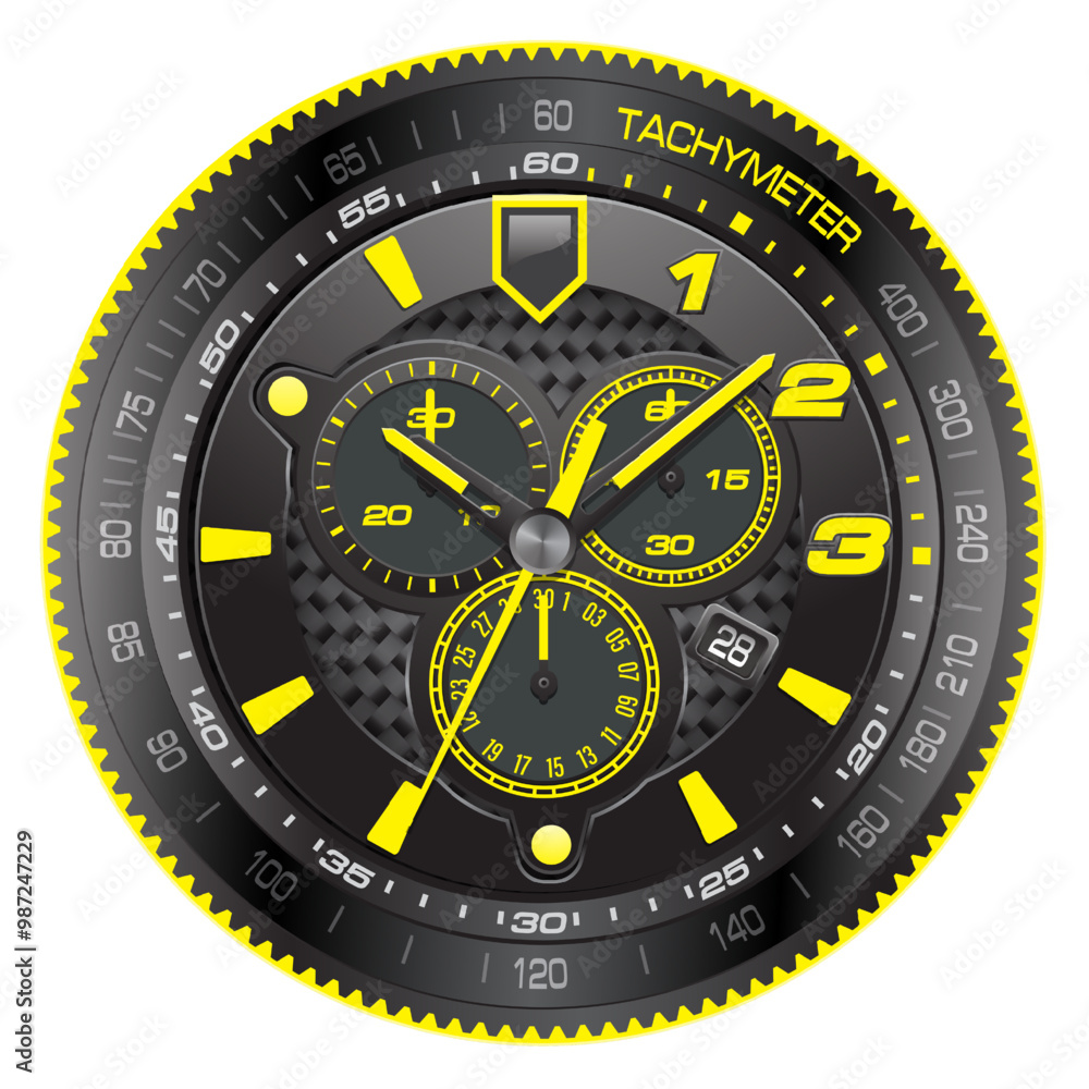 Wall mural realistic watch chronograph steel dashboard black rubber clockwise yellow arrow number fashion for m