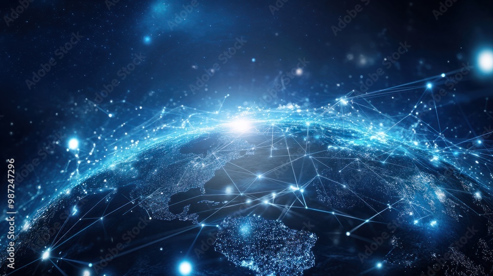 Poster earth with digital data lines circling it, symbolizing fast, interconnected global communication net